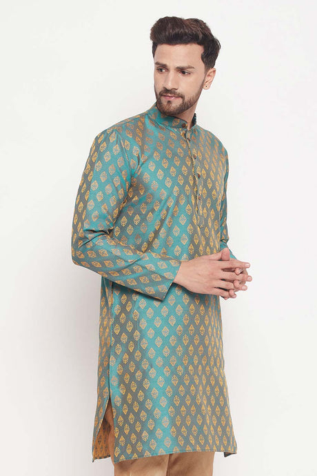 Buy Men's Turquoise Silk Blend Ethnic Motif Woven Design Short Kurta Online - Back