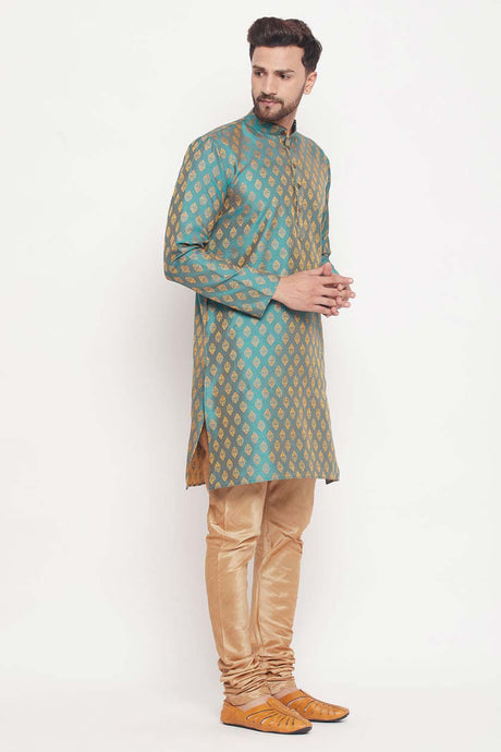 Buy Men's Turquoise And Rose Gold Silk Blend Ethnic Motif Woven Design Kurta Pajama Jacket Set Online - Back