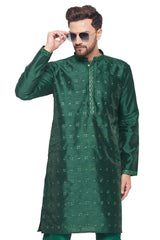Buy Men's Green Silk Blend Ethnic Motif Woven Design Short Kurta Online - Zoom Out