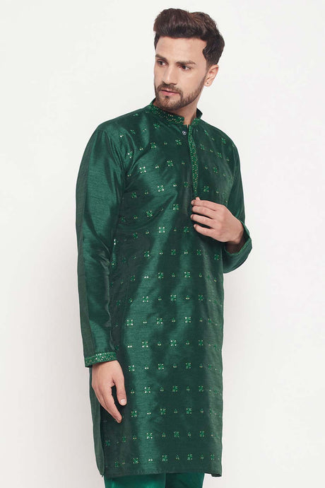 Buy Men's Green Silk Blend Ethnic Motif Woven Design Short Kurta Online - Back