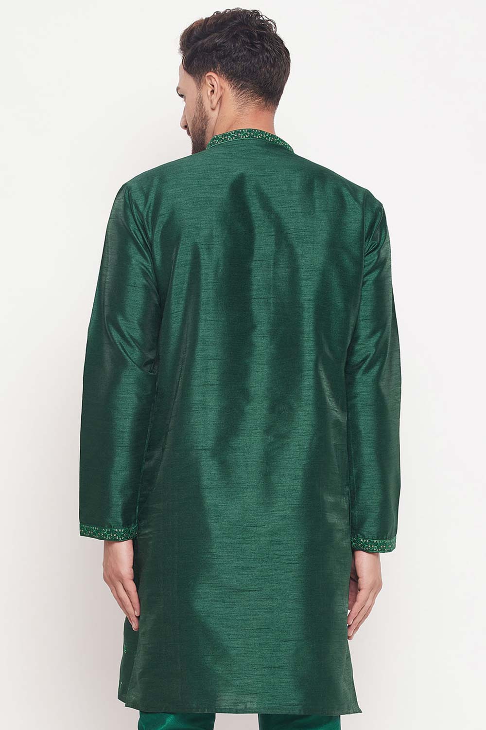 Buy Men's Green Silk Blend Ethnic Motif Woven Design Short Kurta Online - Front