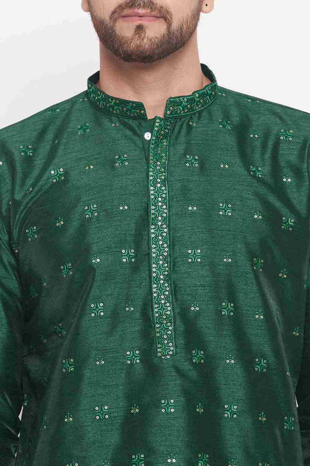 Buy Men's Green Silk Blend Ethnic Motif Woven Design Short Kurta Online - Side