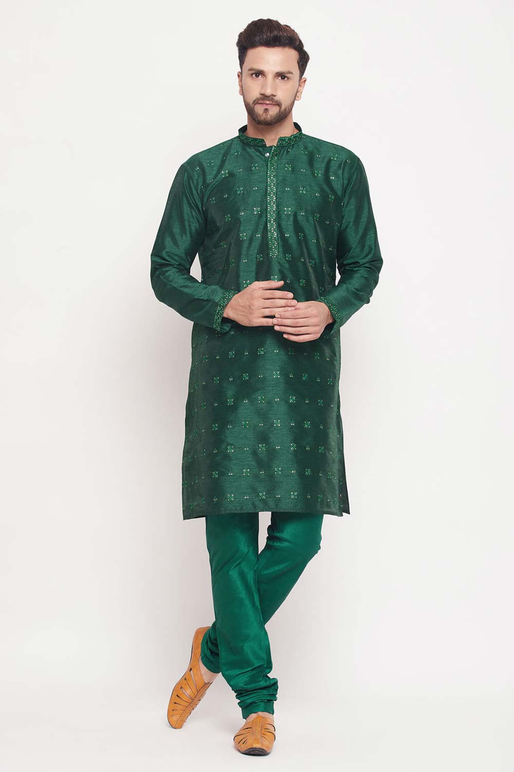 Buy Men's Green Silk Blend Ethnic Motif Woven Design Short Kurta Online - Zoom In