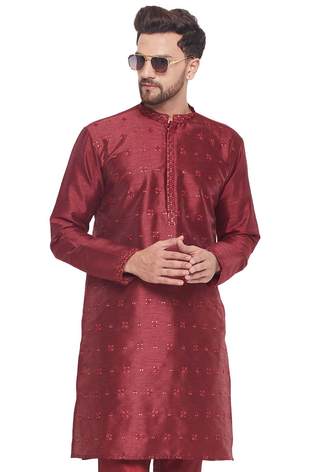 Buy Men's Maroon Silk Blend Ethnic Motif Woven Design Short Kurta Online - Zoom Out