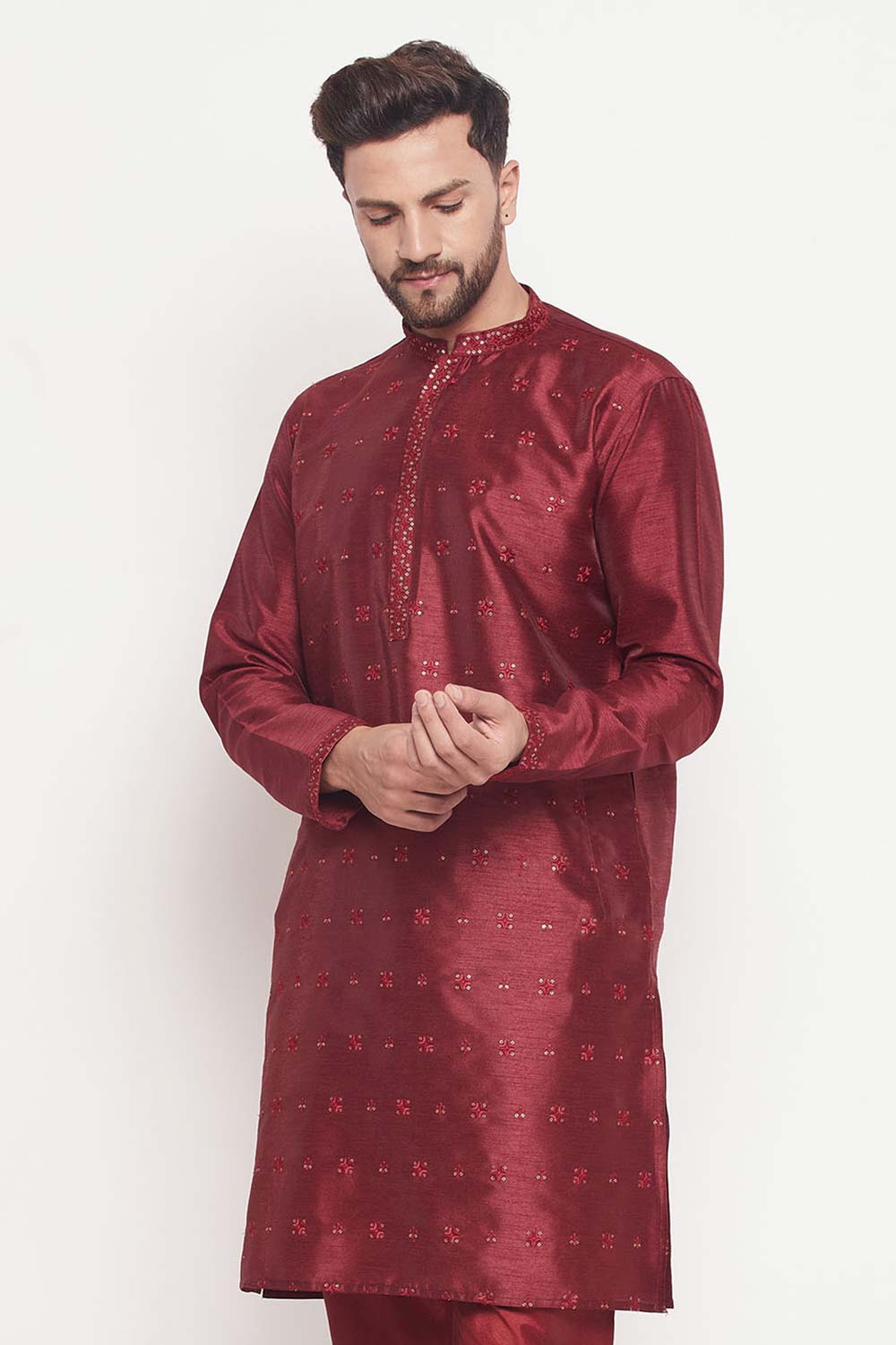 Buy Men's Maroon Silk Blend Ethnic Motif Woven Design Short Kurta Online - Back