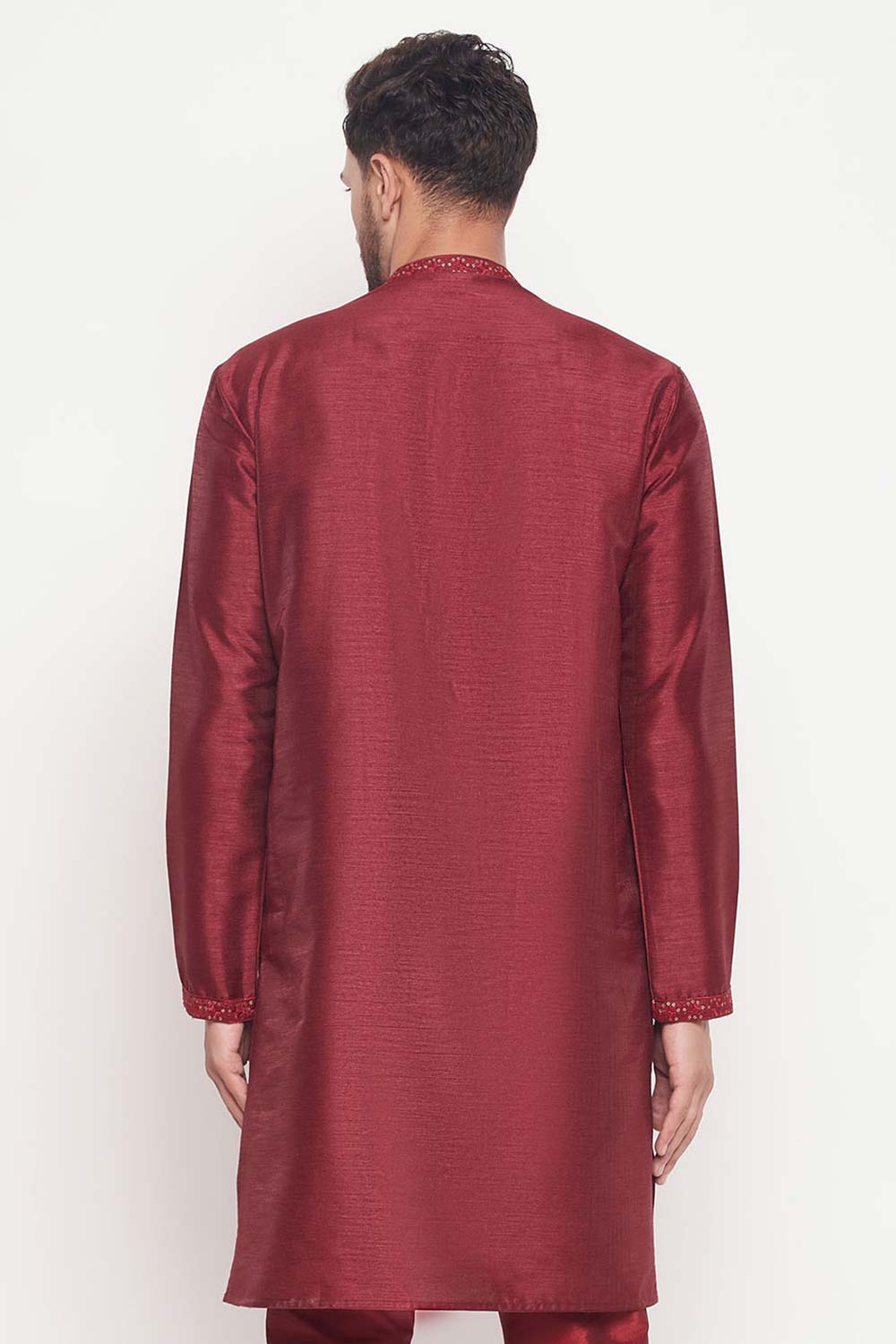 Buy Men's Maroon Silk Blend Ethnic Motif Woven Design Short Kurta Online - Front