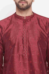 Buy Men's Maroon Silk Blend Ethnic Motif Woven Design Short Kurta Online - Side