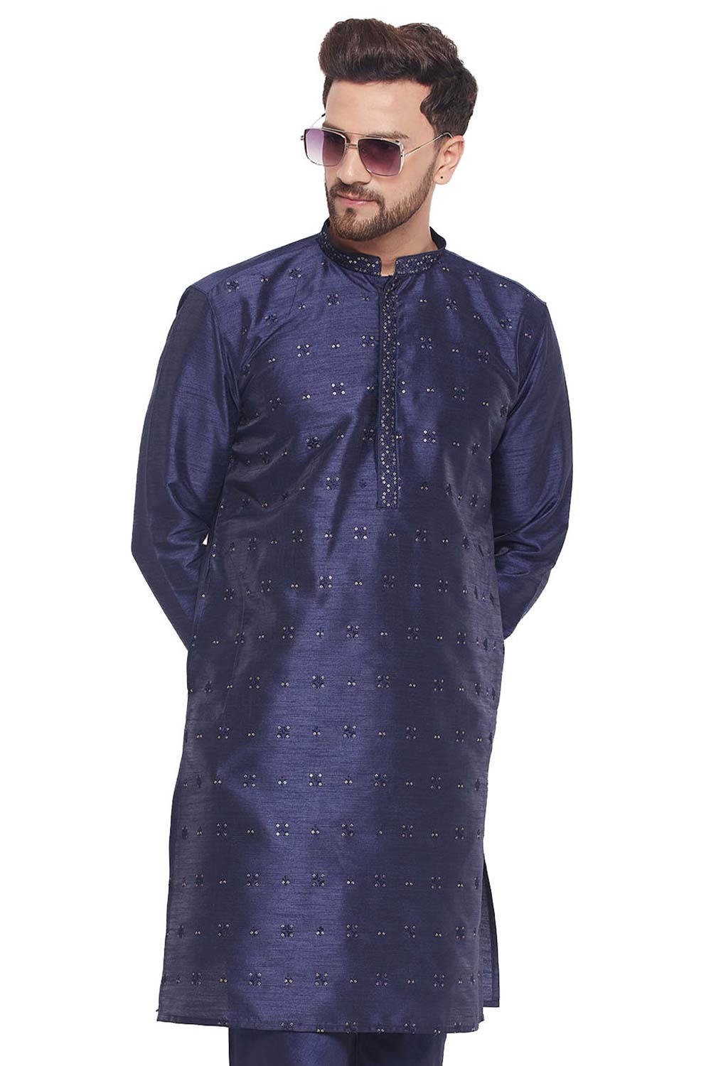 Buy Men's Navy Blue Silk Blend Ethnic Motif Woven Design Short Kurta Online - Zoom Out