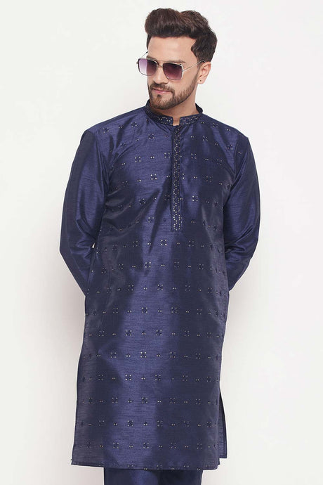 Buy Men's Navy Blue Silk Blend Ethnic Motif Woven Design Short Kurta Online