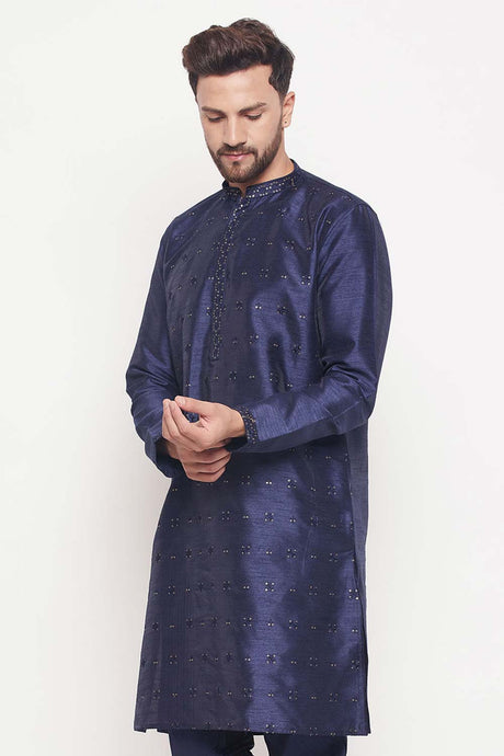 Buy Men's Navy Blue Silk Blend Ethnic Motif Woven Design Short Kurta Online - Back