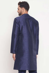 Buy Men's Navy Blue Silk Blend Ethnic Motif Woven Design Short Kurta Online - Front