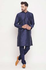 Buy Men's Navy Blue Silk Blend Ethnic Motif Woven Design Short Kurta Online - Zoom In