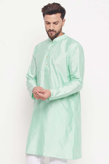 Buy Men's Aqua Silk Blend Ethnic Motif Woven Design Short Kurta Online - Back