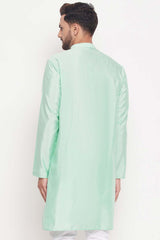 Buy Men's Aqua Silk Blend Ethnic Motif Woven Design Short Kurta Online - Front