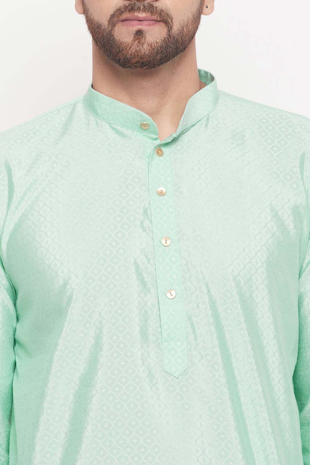 Buy Men's Aqua Silk Blend Ethnic Motif Woven Design Short Kurta Online - Side