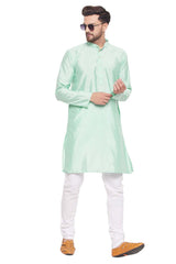 Buy Men's Aqua And White Silk Blend Ethnic Motif Woven Design Kurta Pajama Jacket Set Online - Zoom Out