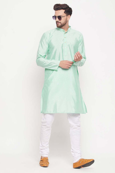 Buy Men's Aqua And White Silk Blend Ethnic Motif Woven Design Kurta Pajama Jacket Set Online