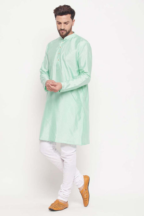 Buy Men's Aqua And White Silk Blend Ethnic Motif Woven Design Kurta Pajama Jacket Set Online - Back