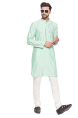 Buy Men's Aqua And Cream Silk Blend Ethnic Motif Woven Design Kurta Pajama Jacket Set Online - Zoom Out