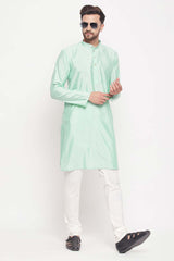 Buy Men's Aqua And Cream Silk Blend Ethnic Motif Woven Design Kurta Pajama Jacket Set Online