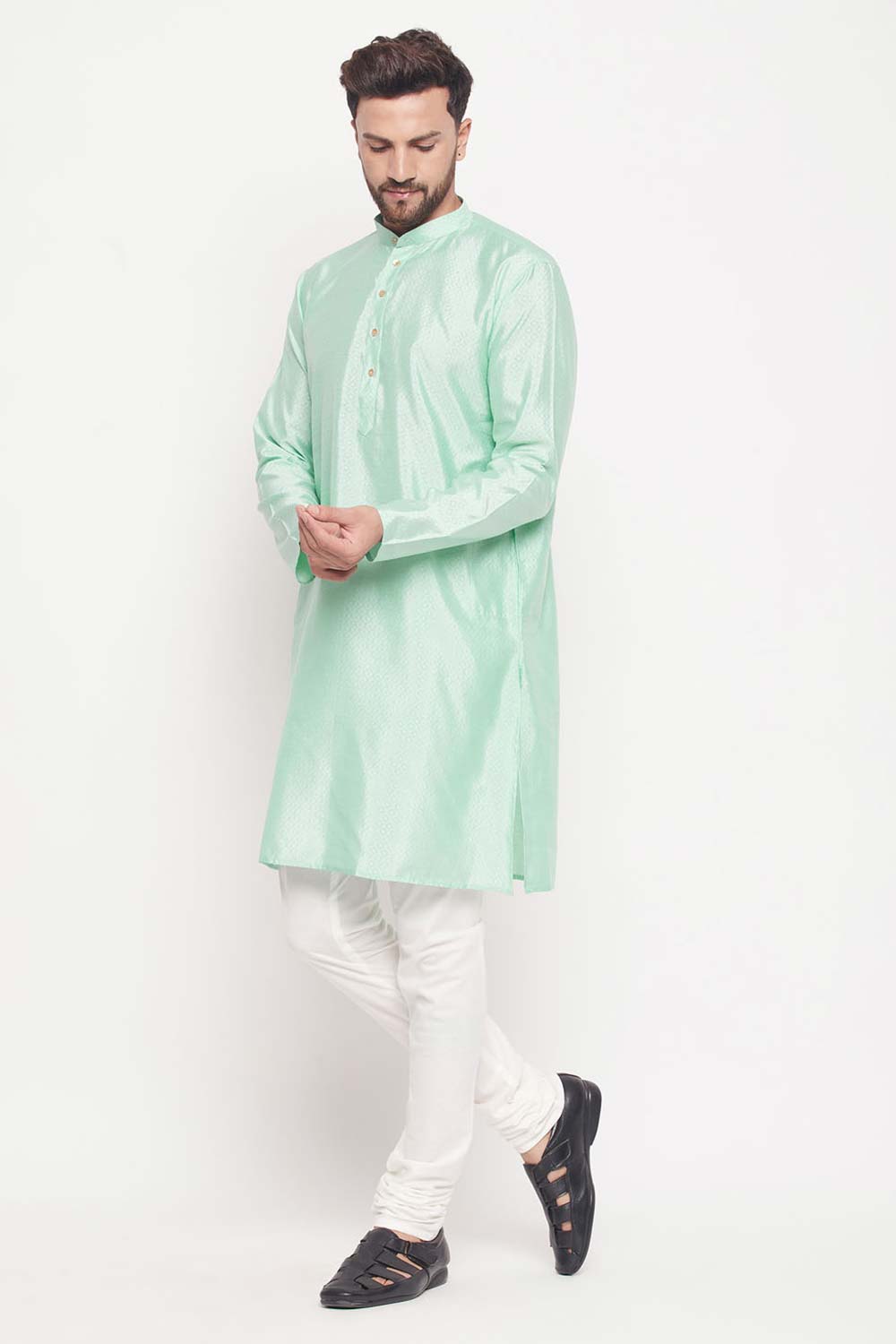 Buy Men's Aqua And Cream Silk Blend Ethnic Motif Woven Design Kurta Pajama Jacket Set Online - Back