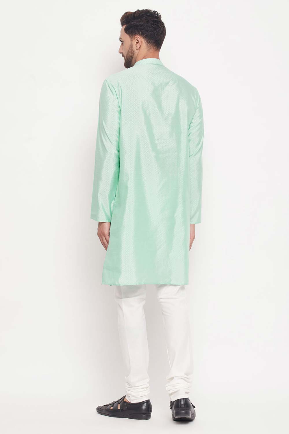 Buy Men's Aqua And Cream Silk Blend Ethnic Motif Woven Design Kurta Pajama Jacket Set Online - Front