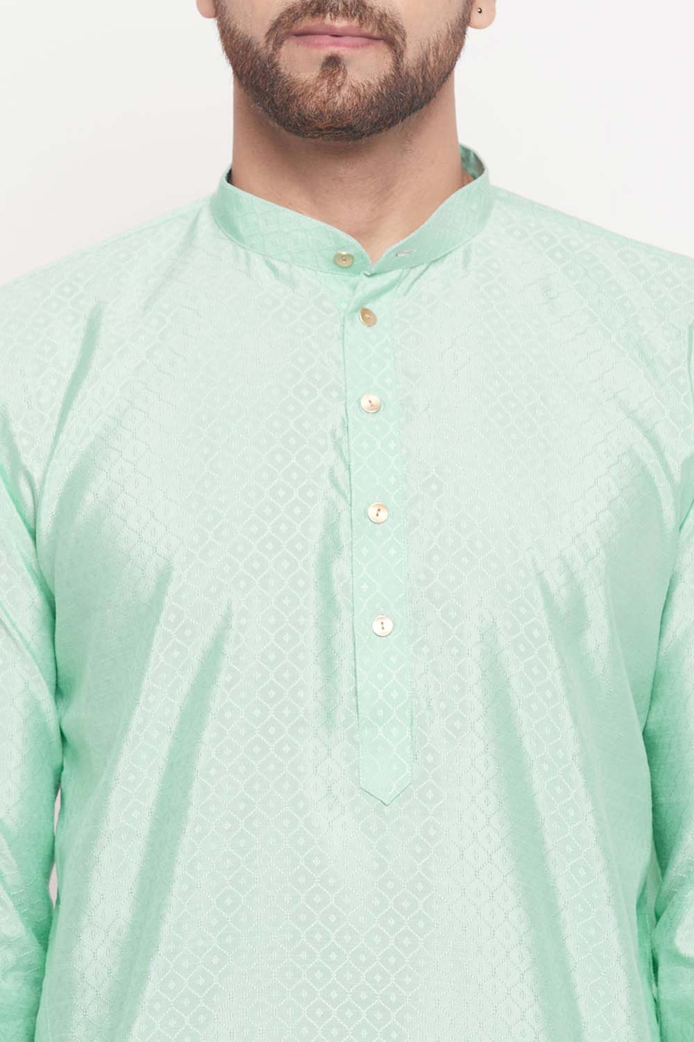 Buy Men's Aqua And Cream Silk Blend Ethnic Motif Woven Design Kurta Pajama Jacket Set Online - Side