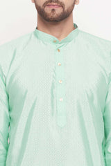 Buy Men's Aqua And Cream Silk Blend Ethnic Motif Woven Design Kurta Pajama Jacket Set Online - Side