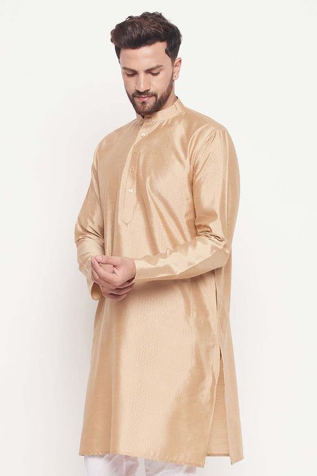 Buy Men's Beige Silk Blend Ethnic Motif Woven Design Short Kurta Online - Back