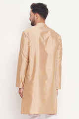 Buy Men's Beige Silk Blend Ethnic Motif Woven Design Short Kurta Online - Front