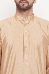 Buy Men's Beige Silk Blend Ethnic Motif Woven Design Short Kurta Online - Side