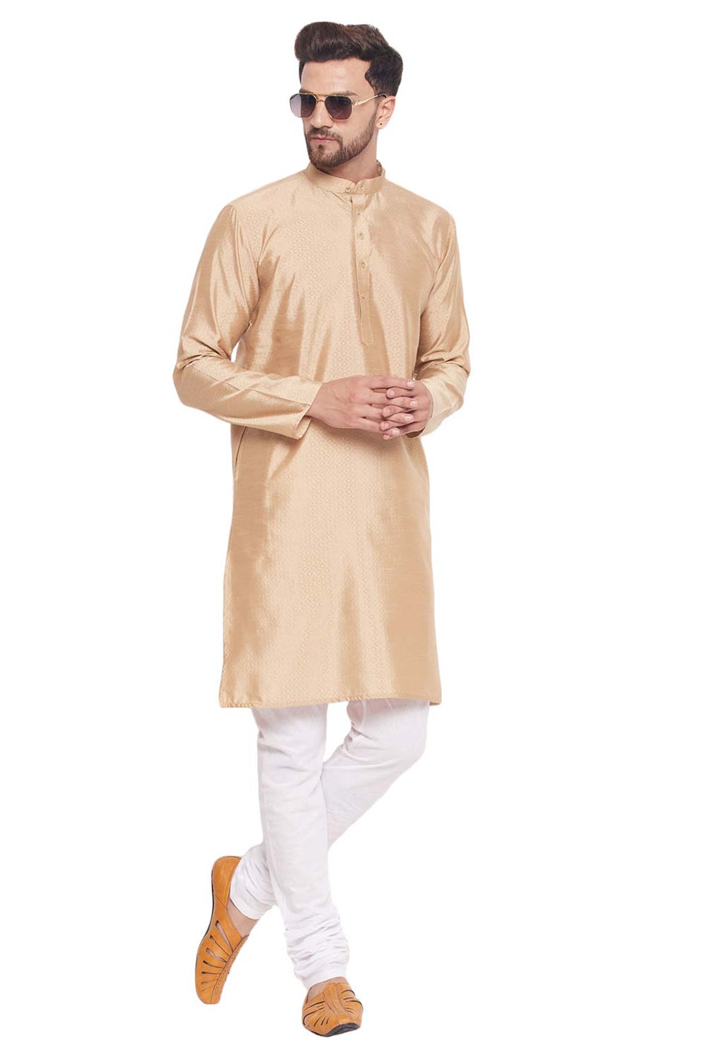 Buy Men's Beige And White Silk Blend Ethnic Motif Woven Design Kurta Pajama Jacket Set Online - Zoom Out