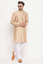Buy Men's Beige And White Silk Blend Ethnic Motif Woven Design Kurta Pajama Jacket Set Online