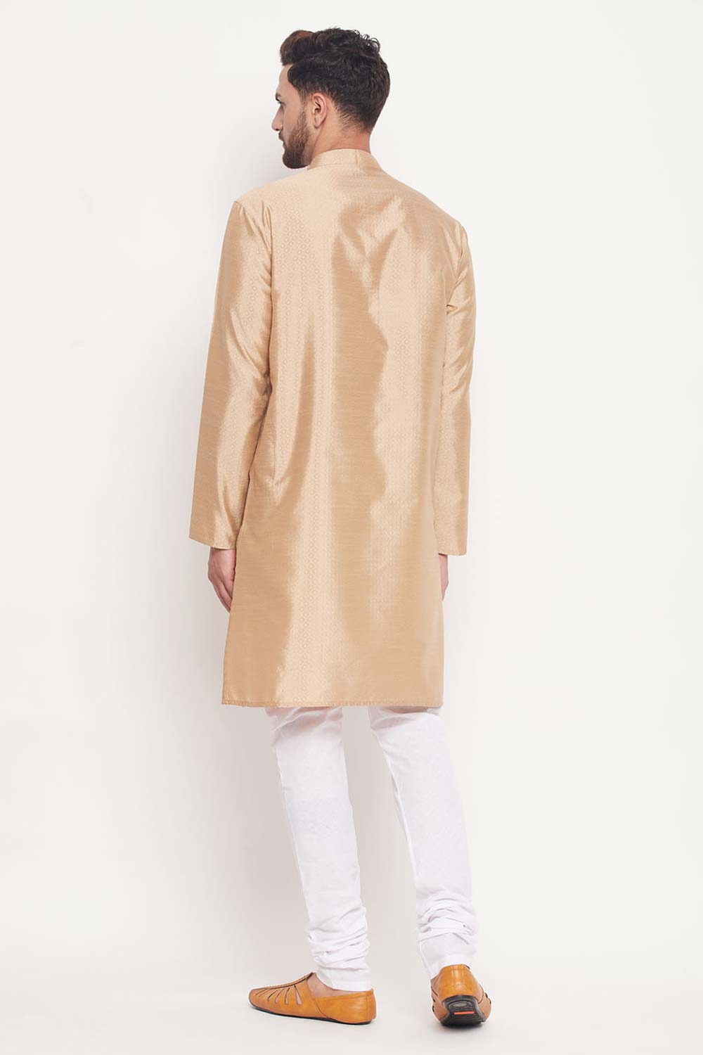 Buy Men's Beige And White Silk Blend Ethnic Motif Woven Design Kurta Pajama Jacket Set Online - Front