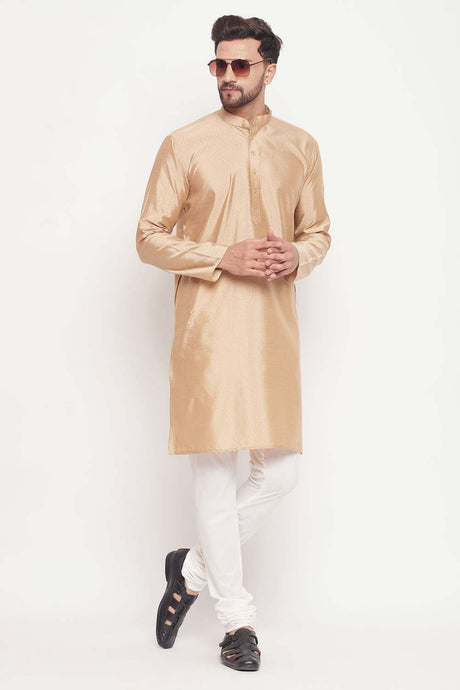 Buy Men's Beige And Cream Silk Blend Ethnic Motif Woven Design Kurta Pajama Jacket Set Online