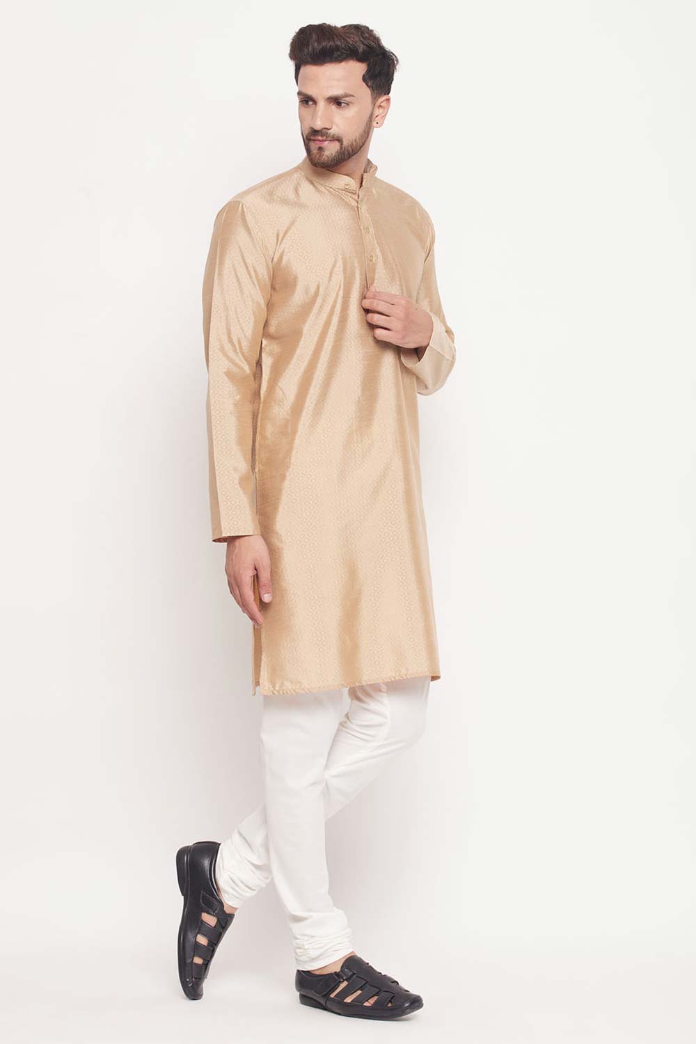 Buy Men's Beige And Cream Silk Blend Ethnic Motif Woven Design Kurta Pajama Jacket Set Online - Back