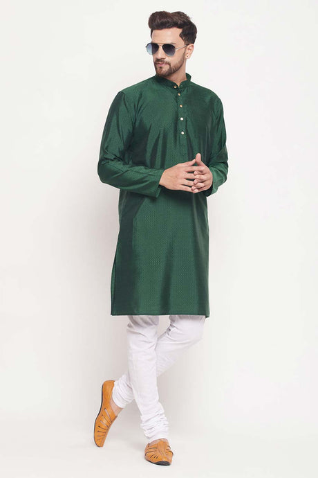 Buy Men's Green And White Silk Blend Ethnic Motif Woven Design Kurta Pajama Jacket Set Online