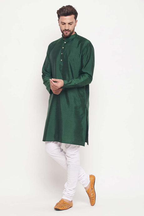 Buy Men's Green And White Silk Blend Ethnic Motif Woven Design Kurta Pajama Jacket Set Online - Back