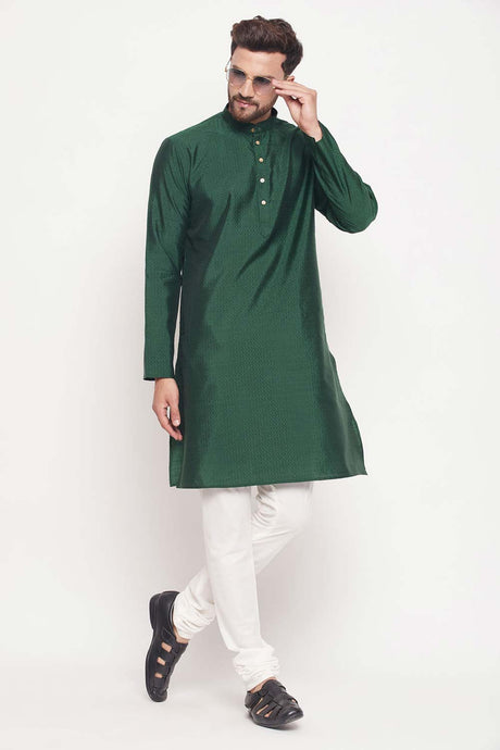 Buy Men's Green And Cream Silk Blend Ethnic Motif Woven Design Kurta Pajama Jacket Set Online