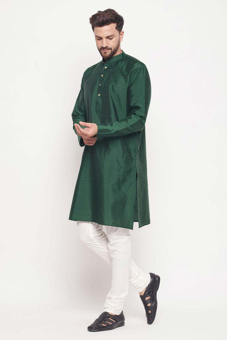 Buy Men's Green And Cream Silk Blend Ethnic Motif Woven Design Kurta Pajama Jacket Set Online - Back