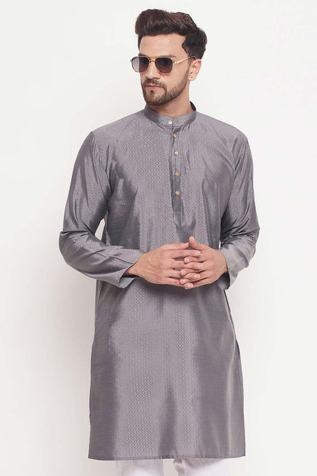 Buy Men's Grey Silk Blend Ethnic Motif Woven Design Short Kurta Online