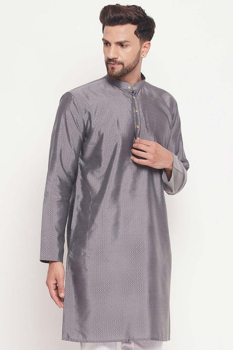 Buy Men's Grey Silk Blend Ethnic Motif Woven Design Short Kurta Online - Back