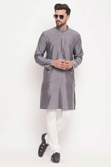 Buy Men's Grey And Cream Silk Blend Ethnic Motif Woven Design Kurta Pajama Jacket Set Online