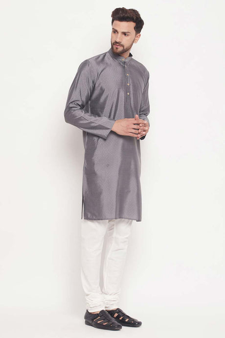 Buy Men's Grey And Cream Silk Blend Ethnic Motif Woven Design Kurta Pajama Jacket Set Online - Back