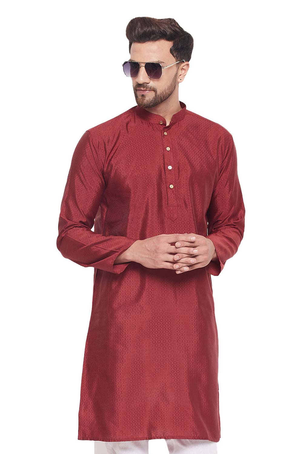 Buy Men's Maroon Silk Blend Ethnic Motif Woven Design Short Kurta Online - Zoom Out