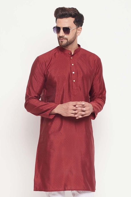 Buy Men's Maroon Silk Blend Ethnic Motif Woven Design Short Kurta Online