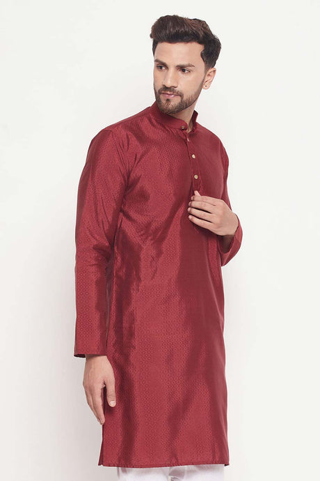 Buy Men's Maroon Silk Blend Ethnic Motif Woven Design Short Kurta Online - Back