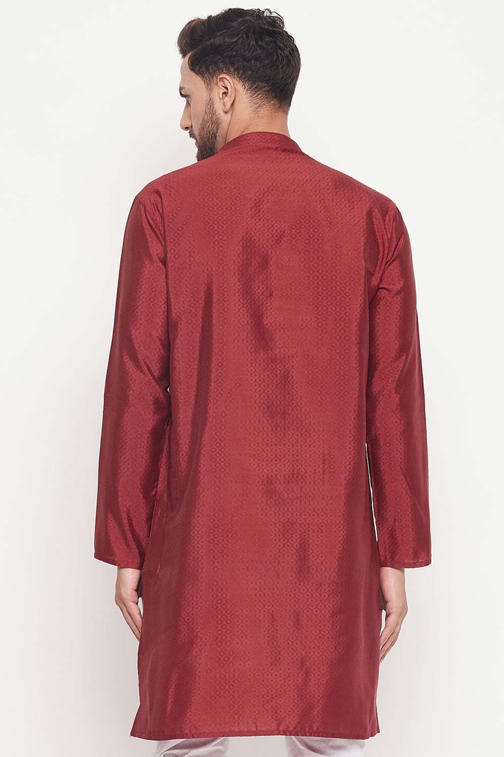 Buy Men's Maroon Silk Blend Ethnic Motif Woven Design Short Kurta Online - Front