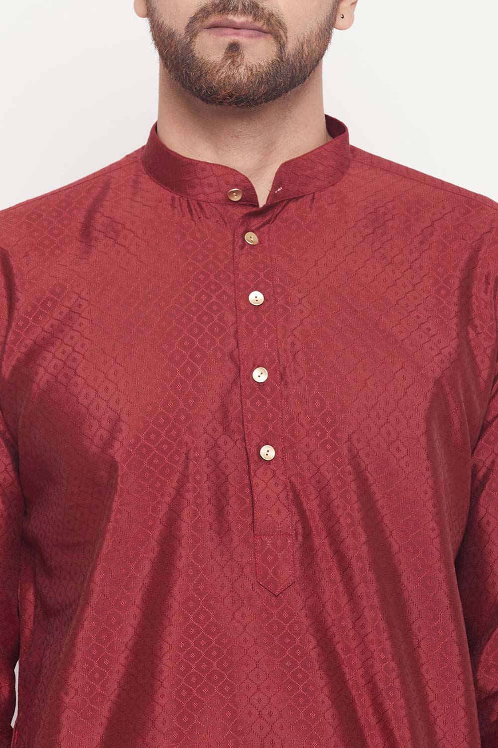 Buy Men's Maroon Silk Blend Ethnic Motif Woven Design Short Kurta Online - Side