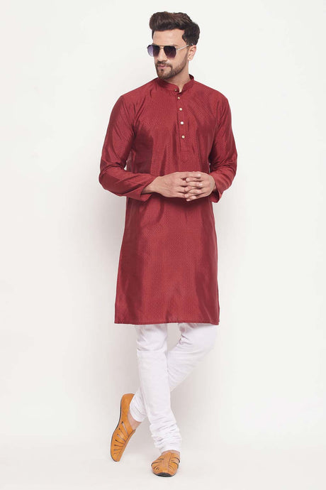 Buy Men's Maroon And White Silk Blend Ethnic Motif Woven Design Kurta Pajama Jacket Set Online